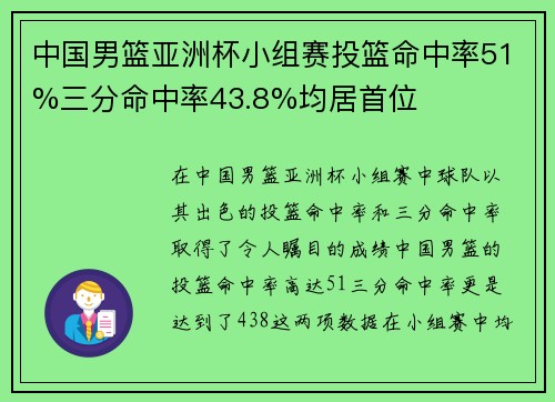 中国男篮亚洲杯小组赛投篮命中率51%三分命中率43.8%均居首位