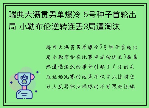 瑞典大满贯男单爆冷 5号种子首轮出局 小勒布伦逆转连丢3局遭淘汰